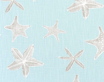 May include: A light blue fabric with a white and gray starfish pattern. The fabric has a subtle linen texture.