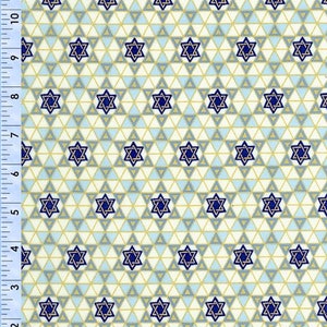 May include: White fabric with a repeating pattern of blue six-pointed stars within a geometric design of gold and light blue triangles.
