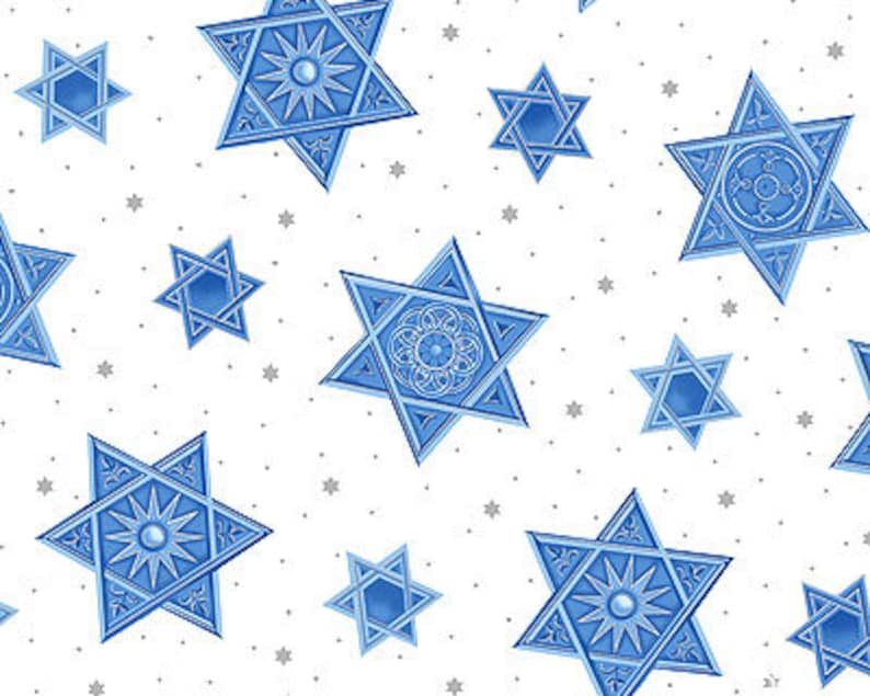 May include: A seamless pattern featuring blue Star of David symbols on a white background. The stars have intricate designs and are scattered throughout the pattern.