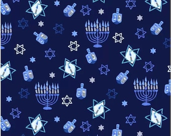 Chanukah Decoration, Jewish Fabric, by the half yard, Judaica Fabric, Mixed Faith, Hanukkah gift, Menorah, Dreidel, Hanukkah Icons no.805