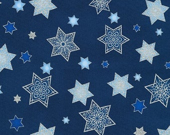 Tela judía, Estrella de Luz, Metálica, Tela de Hanukkah, Estrella de David, Tela judía, Acolchado, Tela Robert Kaufman, medio metro n.° 820