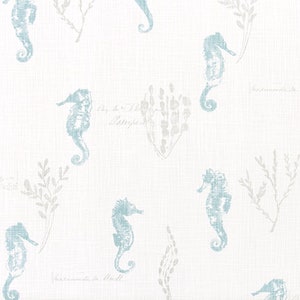 Coastal Fabric, Seahorse, Premier Prints Fabric, Teal, Blue Haze, Naples, Cotton Fabric, Blue, Upholstery Fabric, by the yard, no.766,
