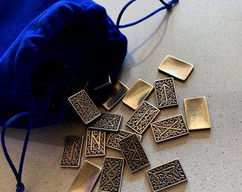 Metal Bronze brass Rune Set, Wooden Box,  24 + 1, Elder Futhark Runes for Divination.