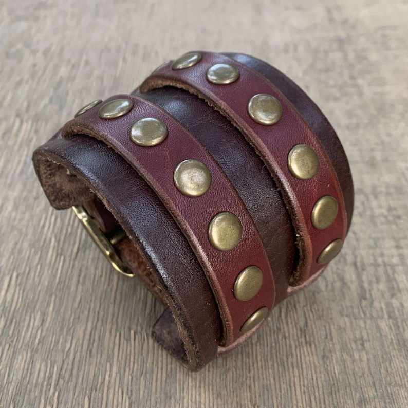 Leather bracelet with rivets Wide cuff adjustable genuine Etsy