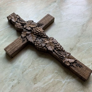 Vine Cross Orthodox Wooden Carved Christian Cross Decor First Communion Symbols Cross and Grape-Vine Easter Symbol Religious Wall Art