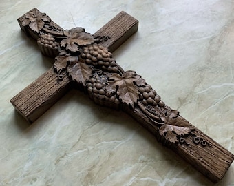 Vine Cross Orthodox Wooden Carved Christian Cross Decor First Communion Symbols Cross and Grape-Vine Easter Symbol Religious Wall Art