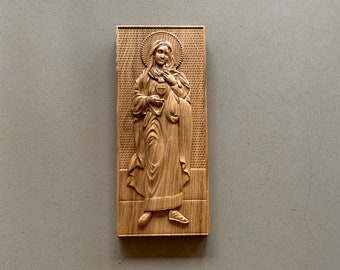 Immaculate Heart of Mary Wooden Icon, Holy Mary Mother of God Religious Decorative Icon, Virgin Mary, Christian Gift.