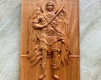 St. Michael the Archangel Carved Wooden Icon, Holy Protector, Religious Wall Art,  Saint Michael the Protector, Christian Gift for the Home