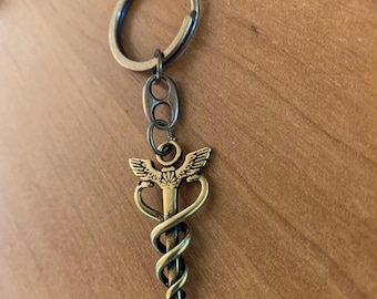 Caduceus Mercury Hermes Bronze Keychain, Medical Symbol, Snake Wings Medic.