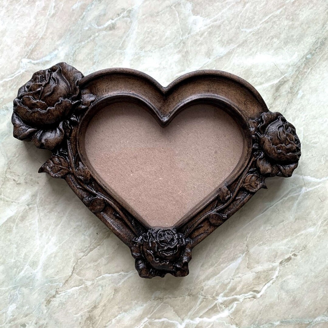 Wooden Heart Shaped Photo Picture Frame With Roses, Wood Carving, Love