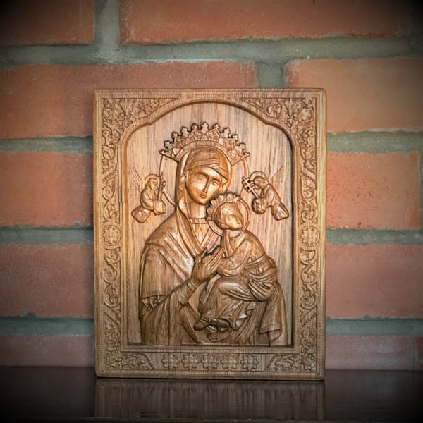 Jungfrau und Kind geschnitzte hölzerne Ikone, religiöse dekorative Ikone Unserer Lieben Frau von der immerwährenden Hilfe, Jungfrau Maria. Christliches Geschenk für zu Hause