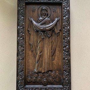 The Protection of our Most Holy Lady the Mother of God and Ever-Virgin Mary Carved Wooden Icon. Pokrov.