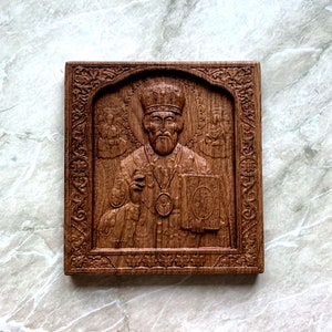 Sinterklaas gesneden houten pictogram, pictogramsnijwerk van Sinterklaas de wonderdoener, religieuze kunst aan de muur, christelijk cadeau voor thuis