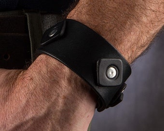 Leather Wrist Cuff for Men. Wide Adjustable Bracelet. Black or Brown leather Wristband. Leather Anniversary Gifts For Him.