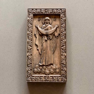 The Protection of our Most Holy Lady the Mother of God and Ever-Virgin Mary Carved Wooden Icon. Pokrov.