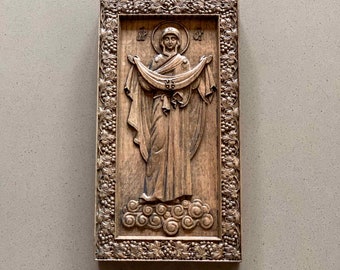 The Protection of our Most Holy Lady the Mother of God and Ever-Virgin Mary Carved Wooden Icon. Pokrov.
