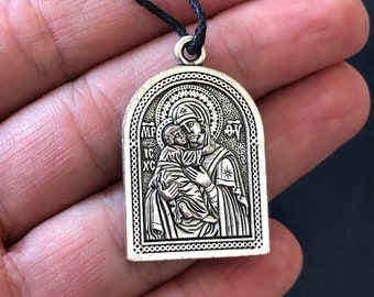 Our Lady of Vladimir Icon Pendant Necklace, Silver Plated