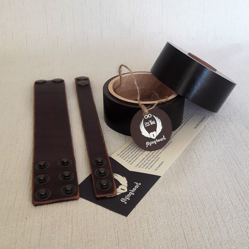 Couples bracelet set of 2 genuine leather cuff wooden gift box included Anniversary gift for couple Adjustable simple bracelet Brown cuff