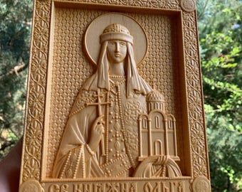 Wood Carved Saint Olga Icon, Ukrainian Orthodox Art, Christian Gift