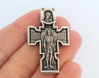 Orthodox Cross Necklace Men, Large Jesus cross pendant with Archangel Michael. Christian Cross Pendant. Crucifix necklace.