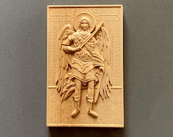 大天使聖ミカエルの彫刻された木製のアイコン、聖なる守護者宗教的な壁 