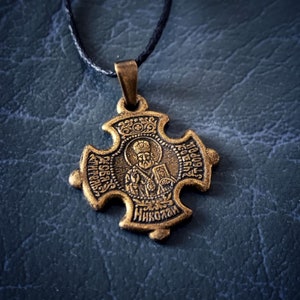 Saint Nicholas of Myra and Jesus Orthodox Cross Pendant. Christian Bishop Necklace Charm.