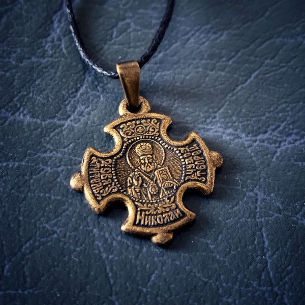 Saint Nicholas of Myra and Jesus Orthodox Cross Pendant. Christian Bishop Necklace Charm.