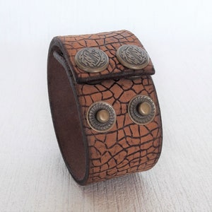 Brown 1 1/2 inches wide leather bracelet cuff. Unisex adjustable genuine leather  wristband. 3rd anniversary gift