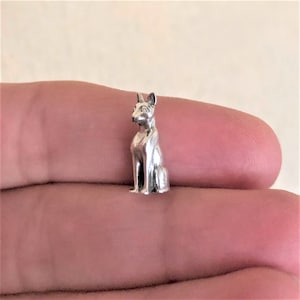 Puede incluir: Una pequeña figura de plata detallada de un gato sentado con la cabeza girada hacia un lado.