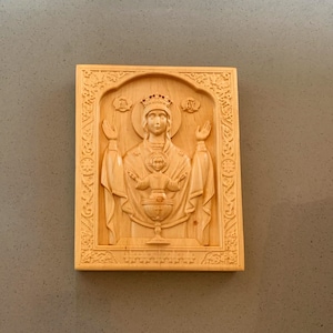 Die unerschöpfliche Schale Holzikone, kyrillische Ikone, religiöses Schnitzen, hölzerne Wandkunst, christliches Geschenk für das Haus