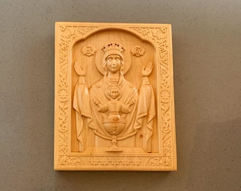 The Inexhaustible Cup Wooden Icon, Orthodox Icon, Religious Carving, Wood Wall Art, Christian Gift for the Home