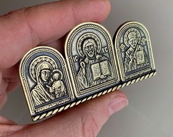 Christian Brass magnet Icon-triptych Our Lady of Kazan, Jesus Christ, Nicholas the Wonderworker. Religious Icon for Car