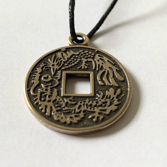Lucky Chinese Fortune Coin Pendant. Bronze Feng Shui Charm. Asian