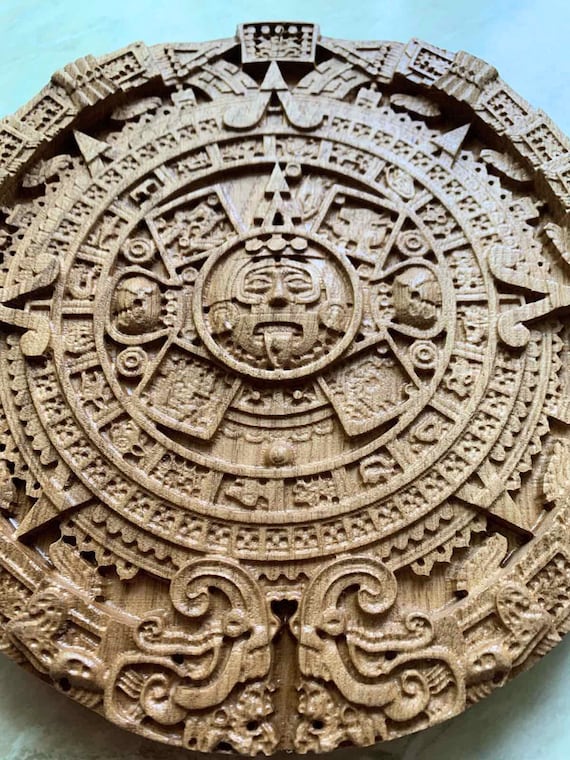 アステカ暦の壁掛けアート、彫刻入りオーク材の太陽石、8インチの