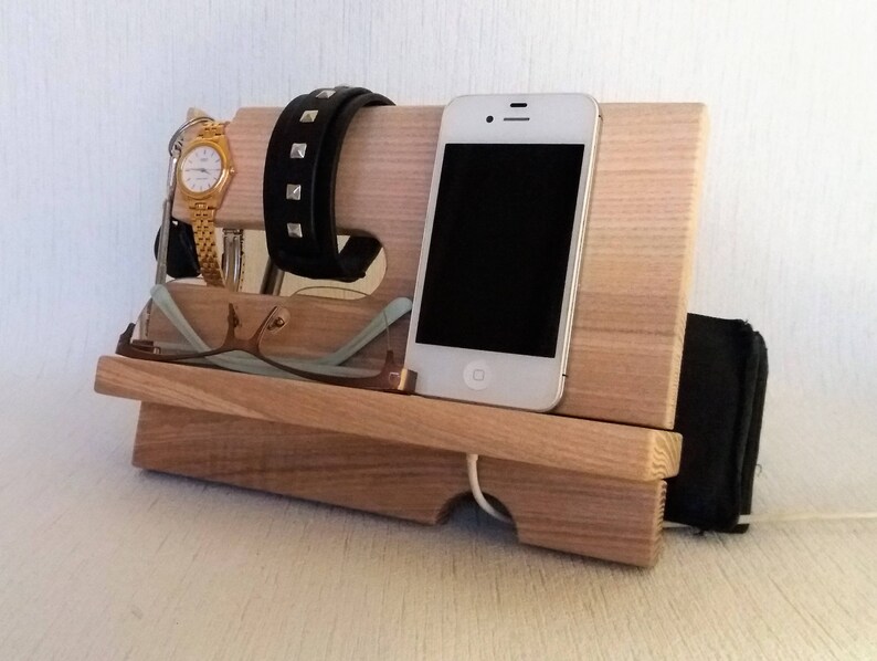 Wooden Desktop Organizer Ash Wood Charging Station Phone Dock Nightstand Bedside Valet Holder Mens
