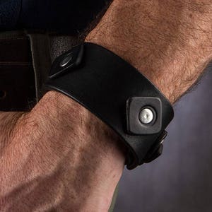 Men's Double Layer Genuine Leather Cuff Bracelet - Wide Black Bangle Wristband With Buckle Clasp - View #5