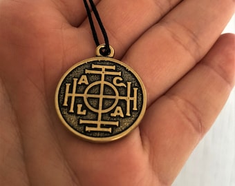 Ciondolo in bronzo a forma di Ruota della Fortuna, amuleto magico protettivo AGLA, collana portafortuna