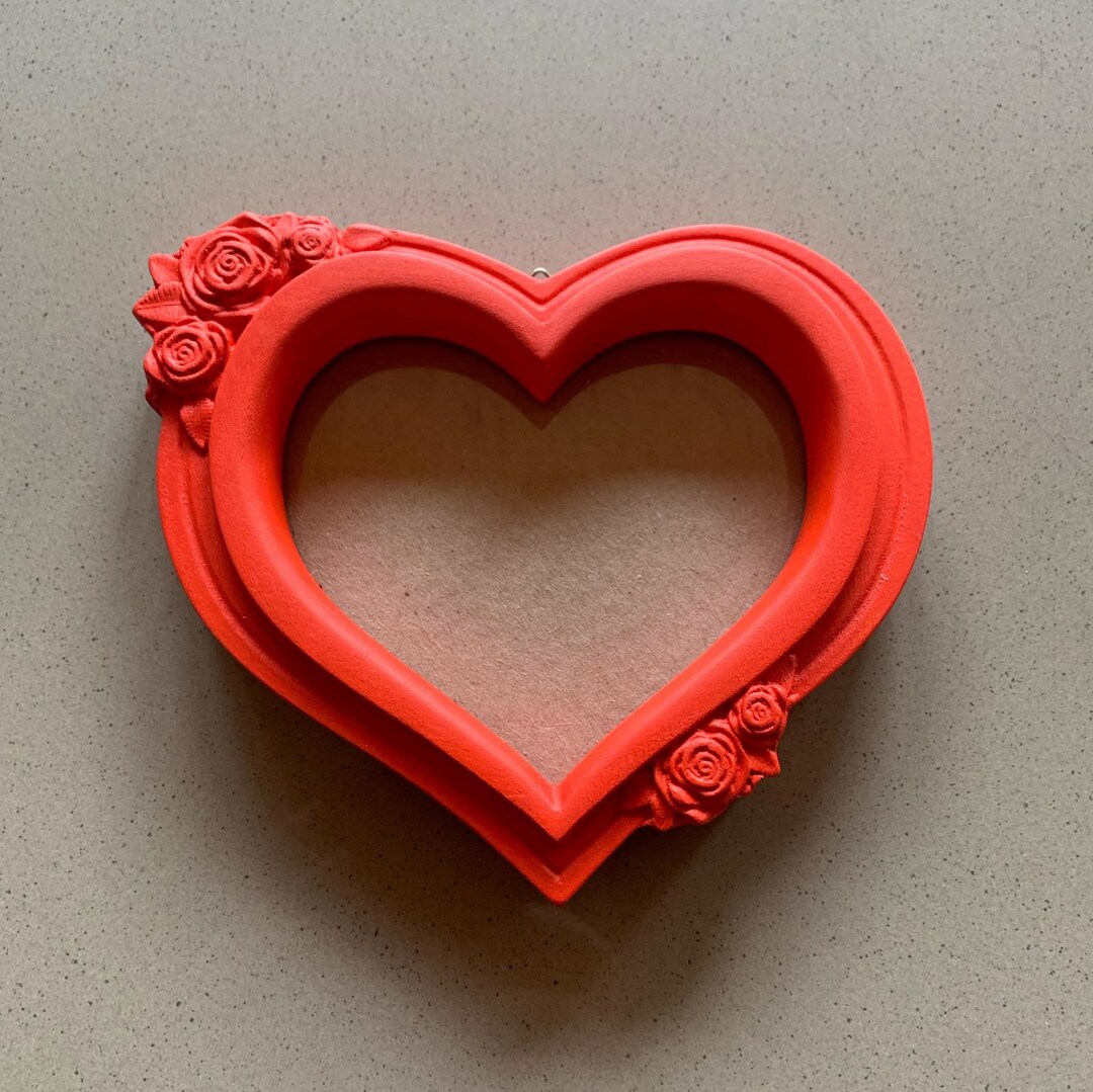 Red Floral Wooden Heart Shaped Photo Picture Frame, Wood Carving, Love