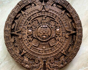 アステカ暦の壁掛けアート、彫刻入りオーク材の太陽石、8インチの