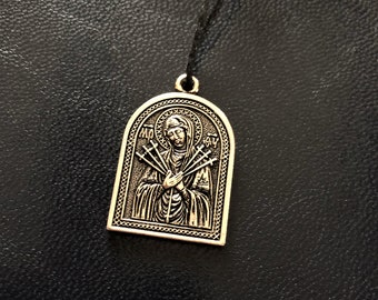 Icon of the Mother of God Seven arrows of Sorrows Pendant, The Softener of Evil Hearts Icon Pendant