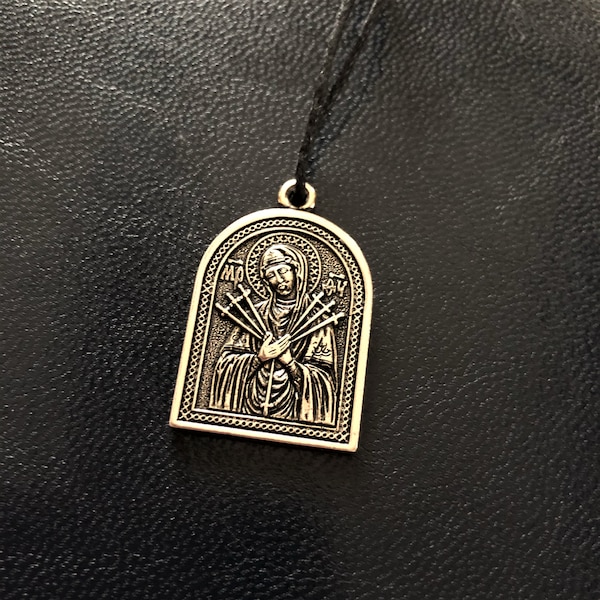 Icon of the Mother of God Seven arrows of Sorrows Pendant, The Softener of Evil Hearts Icon Pendant