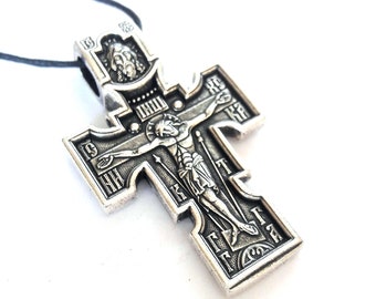 Orthodox Cross Men. Jesus pendant necklace with Archangel Michael. Crucifix necklace.