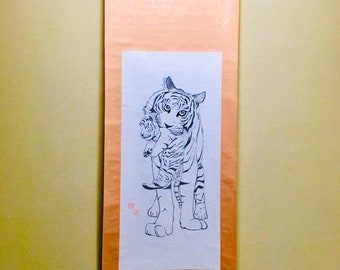 Parent & Child Tiger: handmade paper wall scroll