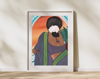 May include: A woman in a purple and green sari stands in a doorway, looking out at a sunset. She has a white flower in her hair.
