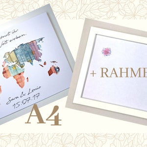 Geldgeschenk zur Hochzeit mit Rahmen Weltkarte mit Namen individuelles Hochzeitsgeschenk A4 ... Welt erobern