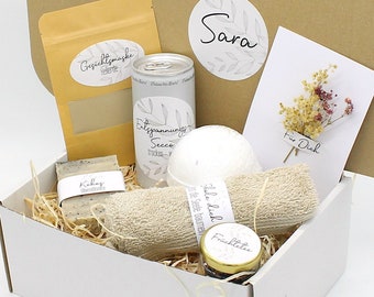 Personalized wellness box natural beauty gift box olive oil soap bath bomb gift idea with name to say thank you