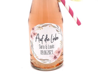 Sticker Piccolo bottles for wedding with name date boho flowers guest gifts JGA champagne labels