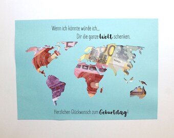 Geldgeschenk zum Geburtstag Weltkarte Farbwahl Geburtstagsgeschenk individuell