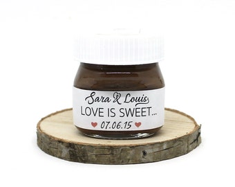 30x labels for mini chocolate cream wedding favors Love is sweet can be personalized with names and dates