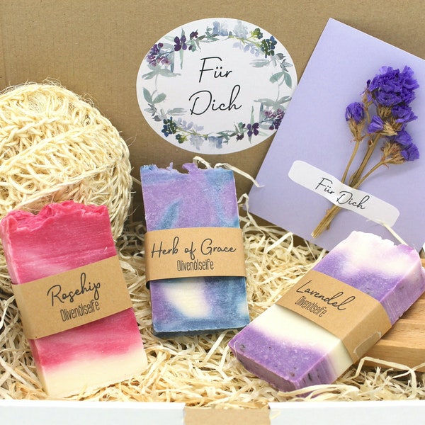 Gift box vegan soaps floral soap dish made of wood sisal peeling sponge olive oil soap gift idea vegan